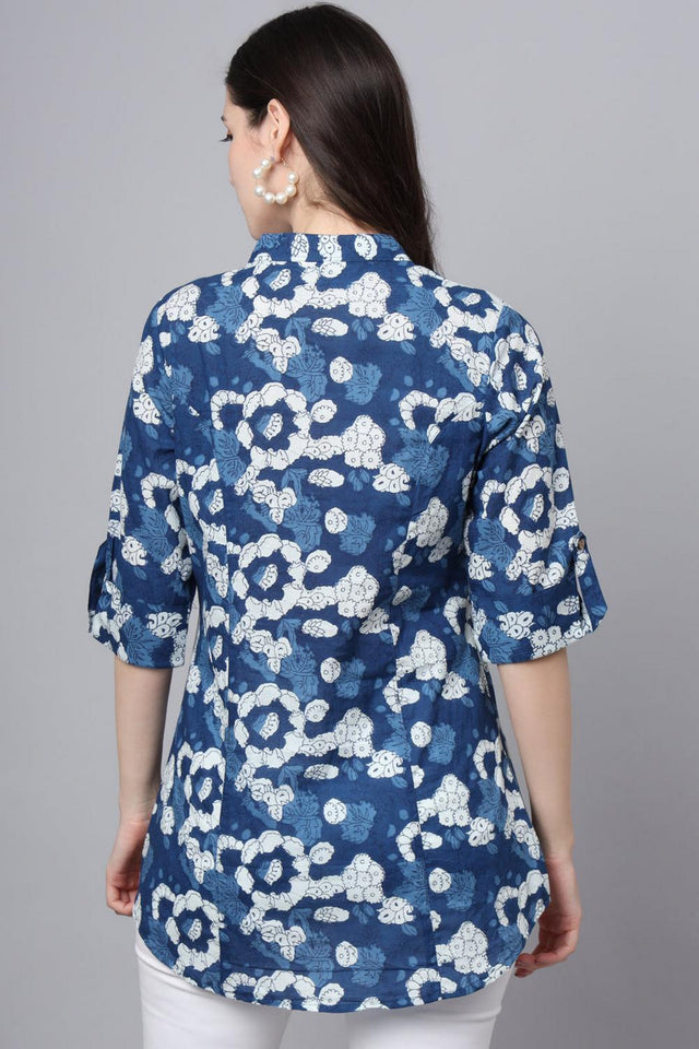Blue Floral Printed Cotton Top (RM-DK3004)
