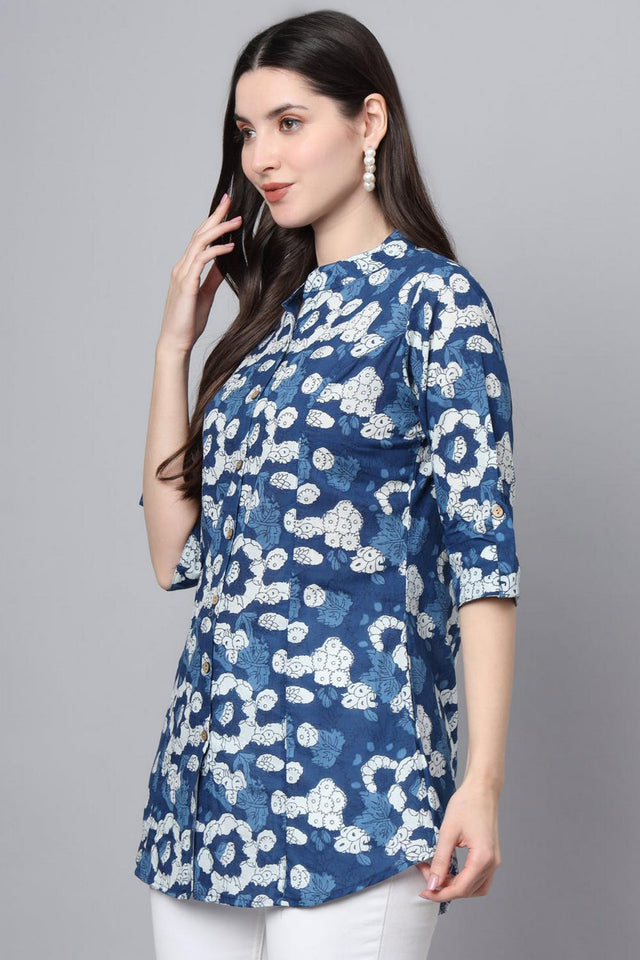 Blue Floral Printed Cotton Top (RM-DK3004)