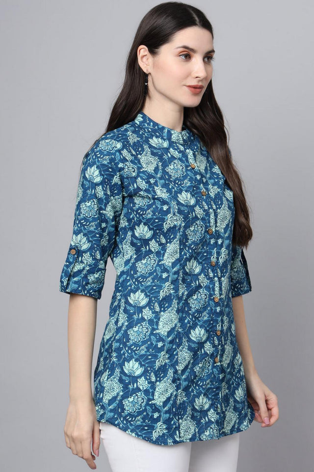Blue Floral Printed Cotton Top (RM-DK3009)