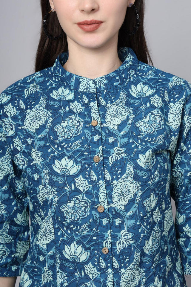 Blue Floral Printed Cotton Top (RM-DK3009)