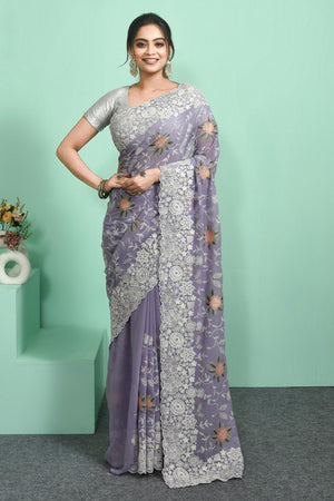 Violet Floral Embroidered Georgette Saree (RRGQQQ6C3832)