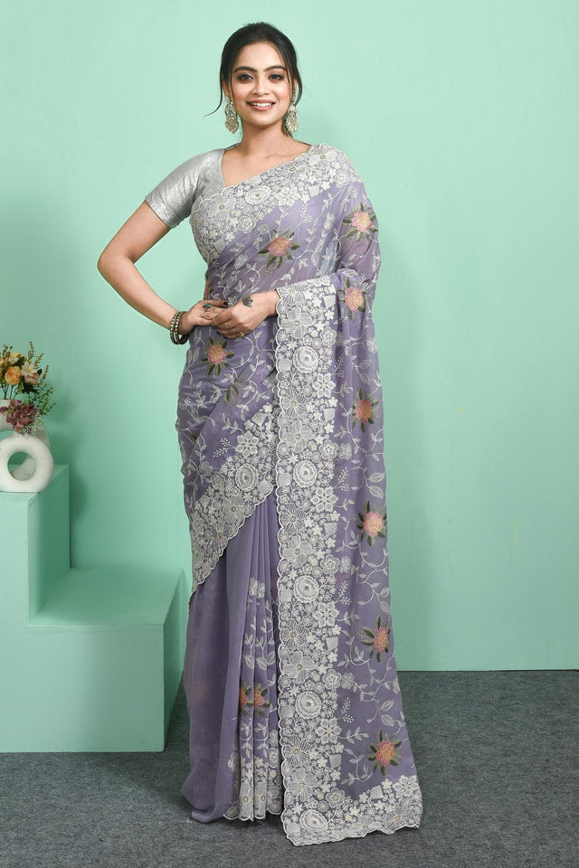 Violet Floral Embroidered Georgette Saree (RRGQQQ6C3832)