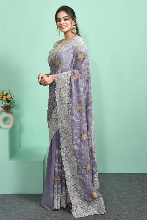 Violet Floral Embroidered Georgette Saree (RRGQQQ6C3832)