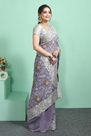 Violet Floral Embroidered Georgette Saree (RRGQQQ6C3832)
