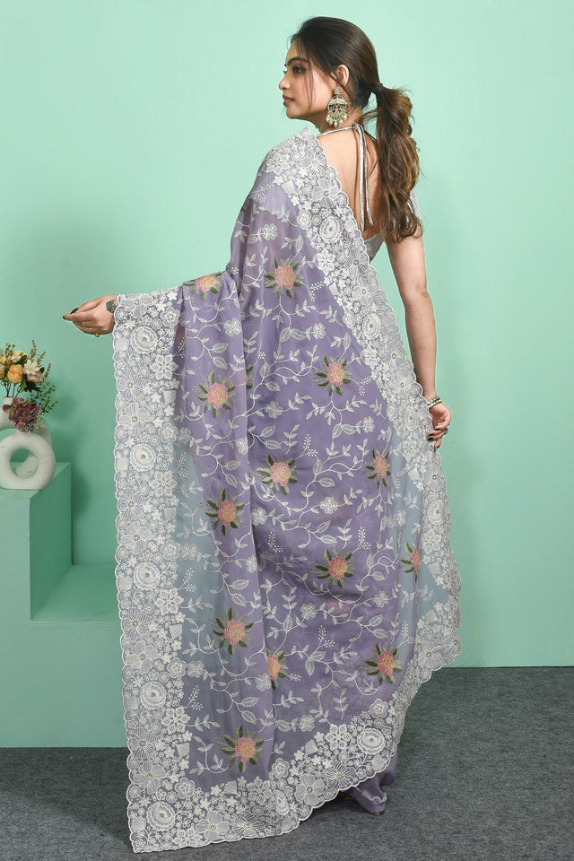 Violet Floral Embroidered Georgette Saree (RRGQQQ6C3832)
