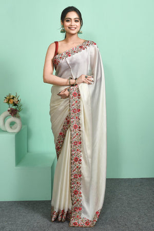 White Floral Embroidered Chiffon Saree (RRHWWM6C3838)