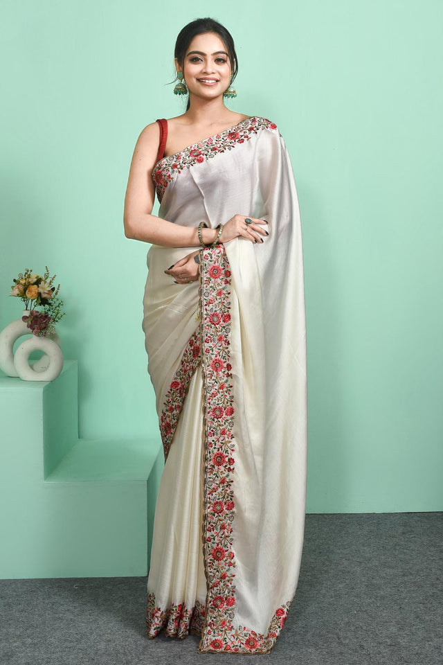 White Floral Embroidered Chiffon Saree (RRHWWM6C3838)