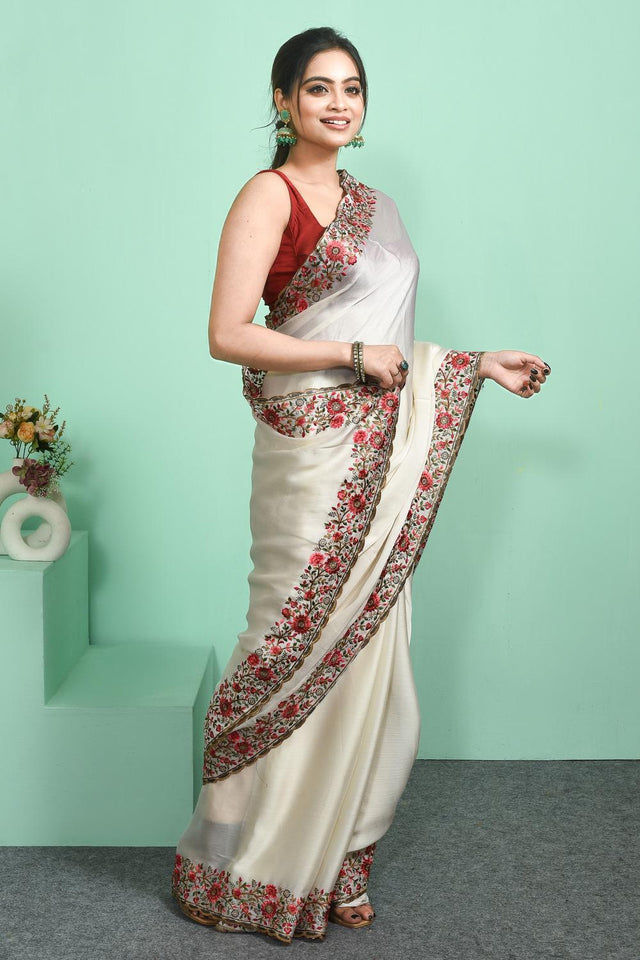 White Floral Embroidered Chiffon Saree (RRHWWM6C3838)