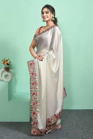 White Floral Embroidered Chiffon Saree (RRHWWM6C3838)