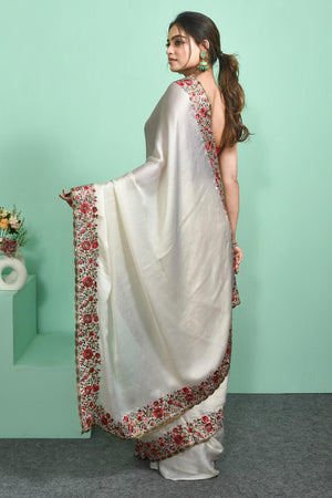 White Floral Embroidered Chiffon Saree (RRHWWM6C3838)