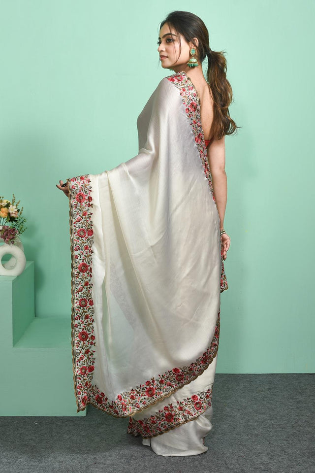 White Floral Embroidered Chiffon Saree (RRHWWM6C3838)