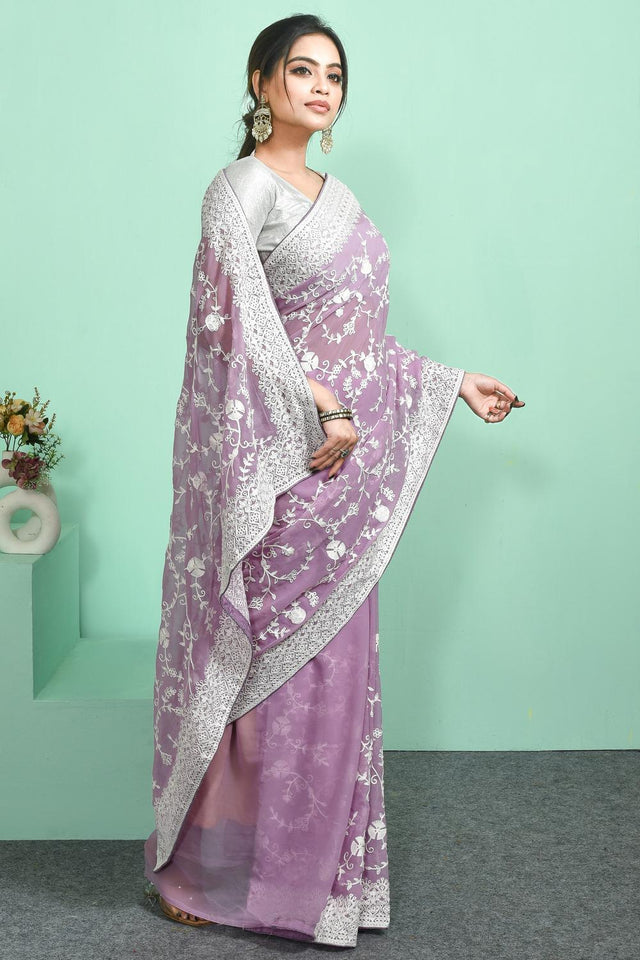 Violet Thread Work Georgette Saree (RSGQQJ6C3843)