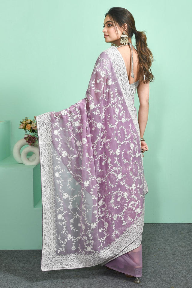 Violet Thread Work Georgette Saree (RSGQQJ6C3843)