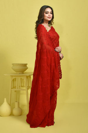 Red Floral Embroidered Georgette Saree (RSGRRM6C3778)