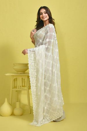 White Floral Embroidered Georgette Saree (RSGWWM6C3780)
