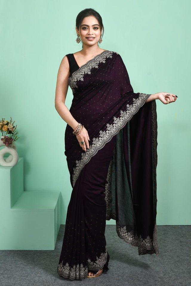 Violet Floral Embroidered Silk Blend Saree (RSMQQJ6C3806)