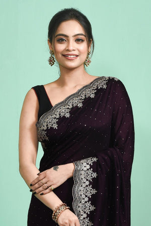 Violet Floral Embroidered Silk Blend Saree (RSMQQJ6C3806)