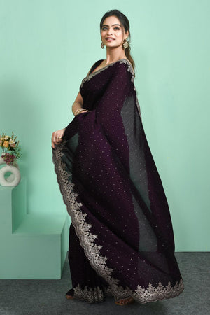 Violet Floral Embroidered Silk Blend Saree (RSMQQJ6C3806)