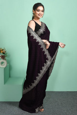 Violet Floral Embroidered Silk Blend Saree (RSMQQJ6C3806)