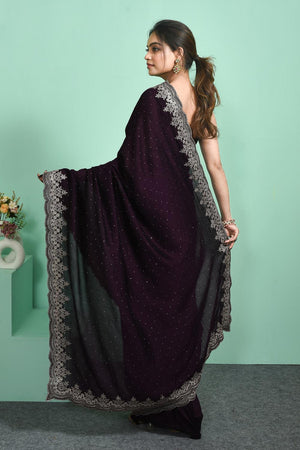 Violet Floral Embroidered Silk Blend Saree (RSMQQJ6C3806)