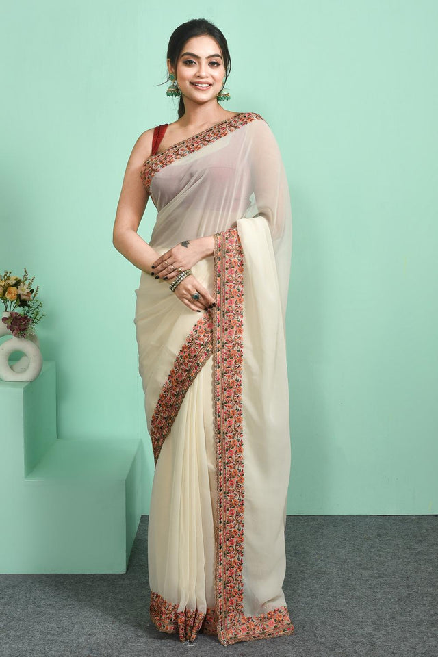 Off-White Floral Embroidered Georgette Saree (RSPCCM6C3823)