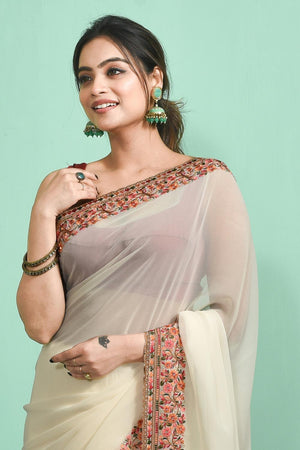 Off-White Floral Embroidered Georgette Saree (RSPCCM6C3823)