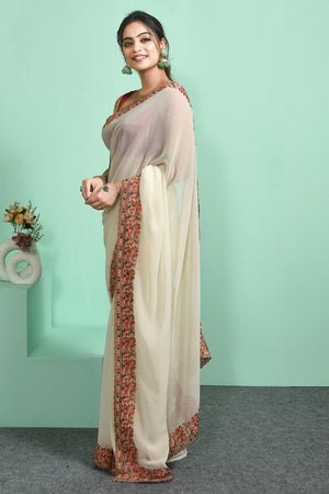 Off-White Floral Embroidered Georgette Saree (RSPCCM6C3823)