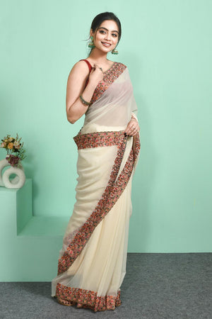 Off-White Floral Embroidered Georgette Saree (RSPCCM6C3823)