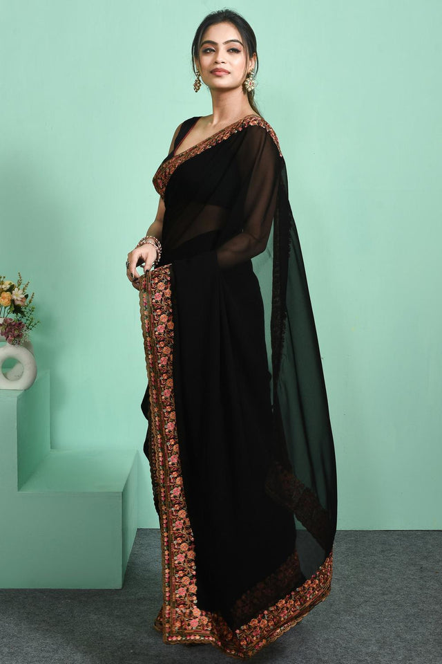 Black Floral Embroidered Georgette Saree (RSPLLM6C3795)