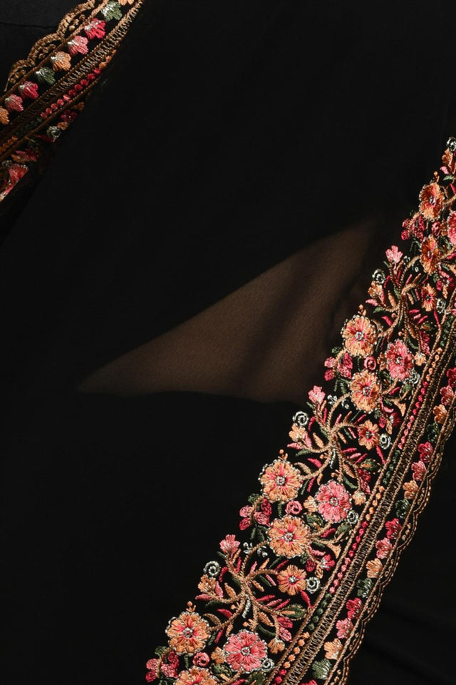 Black Floral Embroidered Georgette Saree (RSPLLM6C3795)