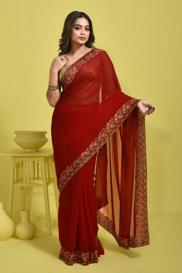 Red Floral Embroidered Georgette Saree (RSPRRM6C3766)
