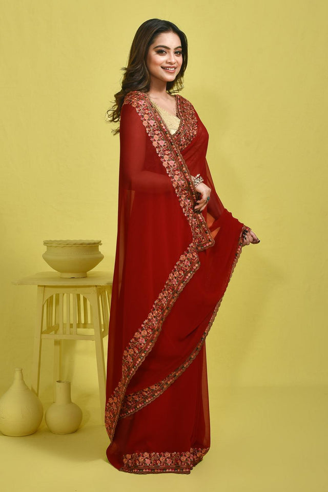 Red Floral Embroidered Georgette Saree (RSPRRM6C3766)