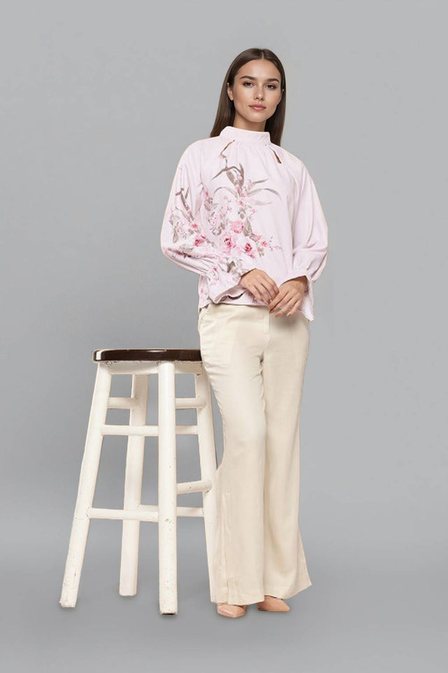 Light Pink Floral Printed Satin Tops & Tunics