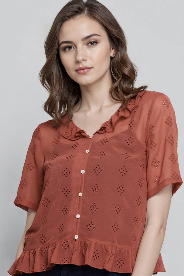 Rust Solid Satin Tops & Tunics