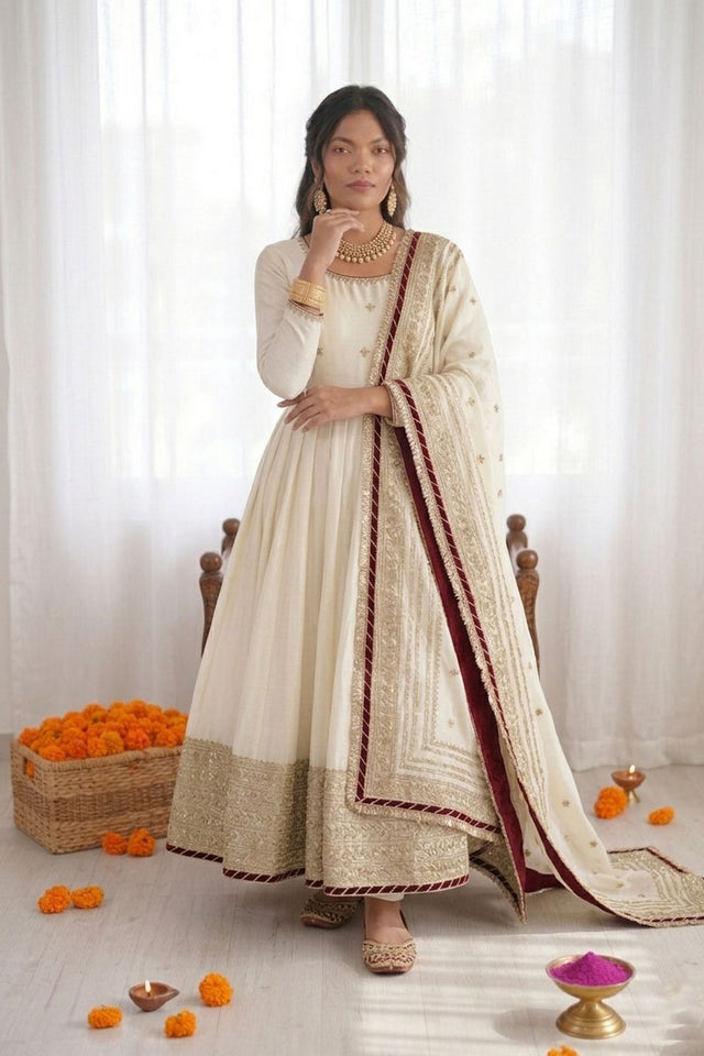 Off White Embroidered Art Silk Anarkali Suit (RT-5816)