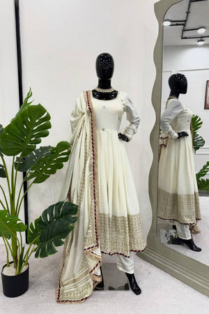 Off White Embroidered Art Silk Anarkali Suit (RT-5816)