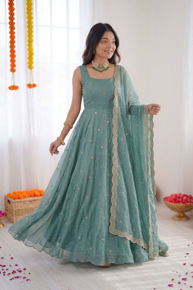 Blue Floral Embroidered Art Silk Anarkali Suit (RT-5838)