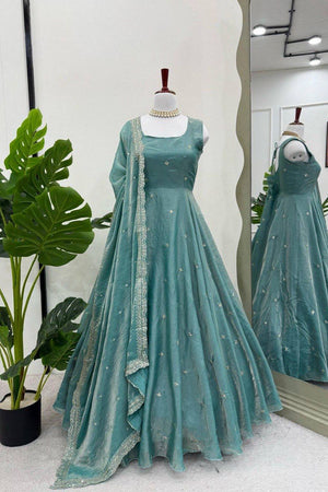 Blue Floral Embroidered Art Silk Anarkali Suit (RT-5838)