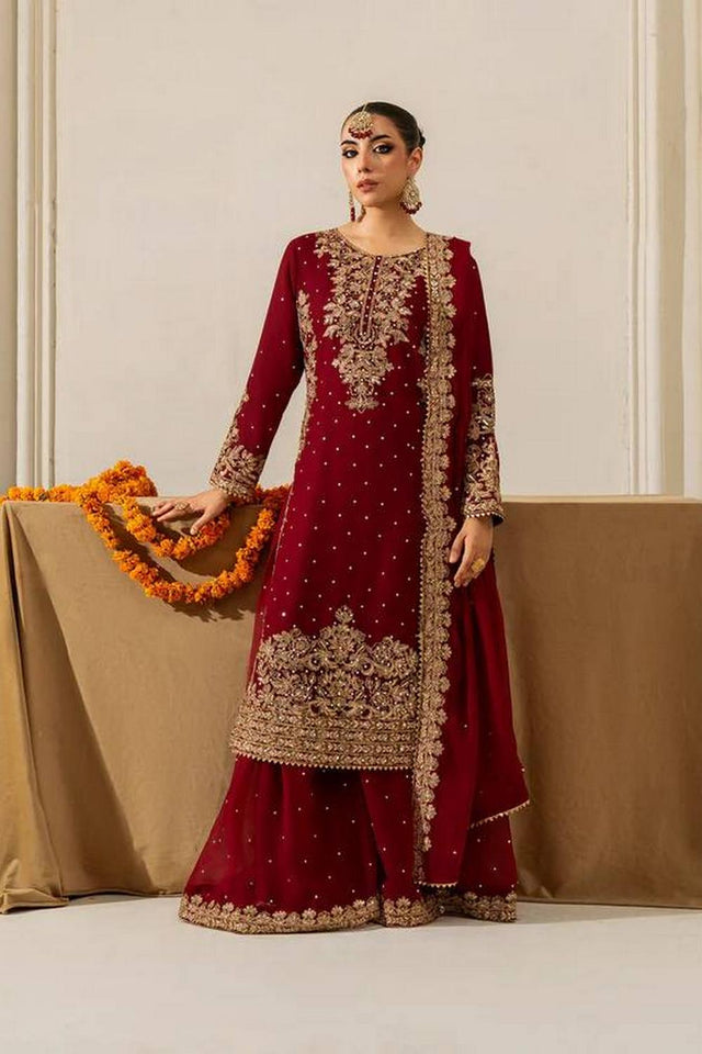 Maroon Embroidered Georgette Palazzo Suits (RT-5901-Maroon)