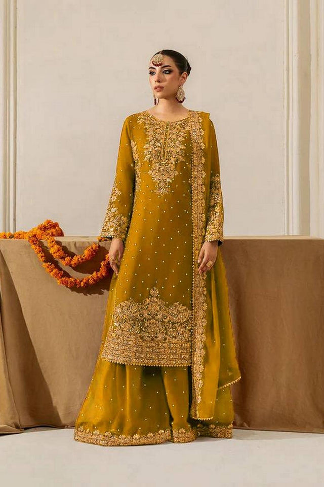 Mustard Embroidered Georgette Palazzo Suits (RT-5901-Mustard)