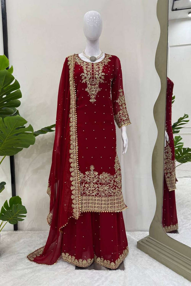 Maroon Sequin Georgette Palazzo Suit Set