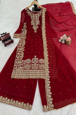Maroon Sequin Georgette Palazzo Suit Set