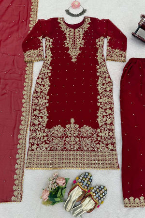 Maroon Sequin Georgette Palazzo Suit Set