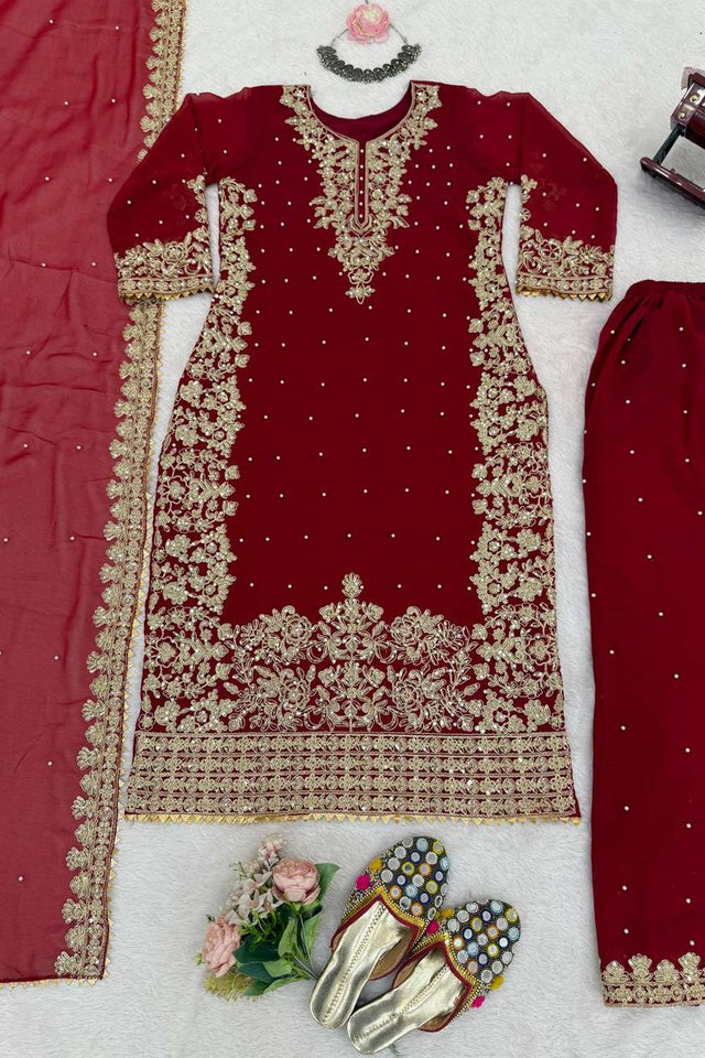Maroon Sequin Georgette Palazzo Suit Set