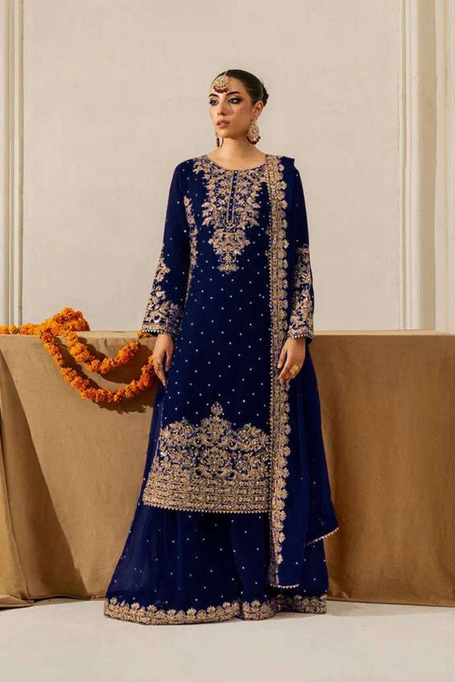 Navy Blue Sequin Georgette Palazzo Suit Set