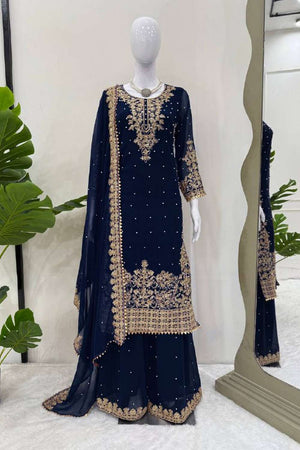 Navy Blue Sequin Georgette Palazzo Suit Set