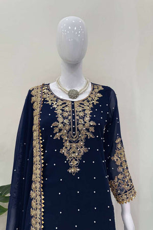 Navy Blue Sequin Georgette Palazzo Suit Set