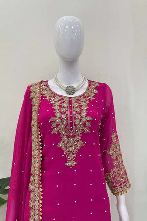 Pink Sequin Georgette Palazzo Suit Set