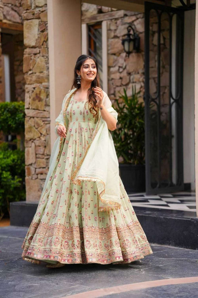 Lime Green Sequin Georgette Anarakali Suit Set (RT-5903-lime green)