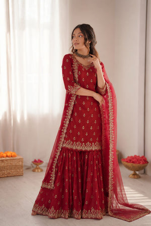 Maroon Floral Embroidered Art Silk Sharara Suit (RT-5904)